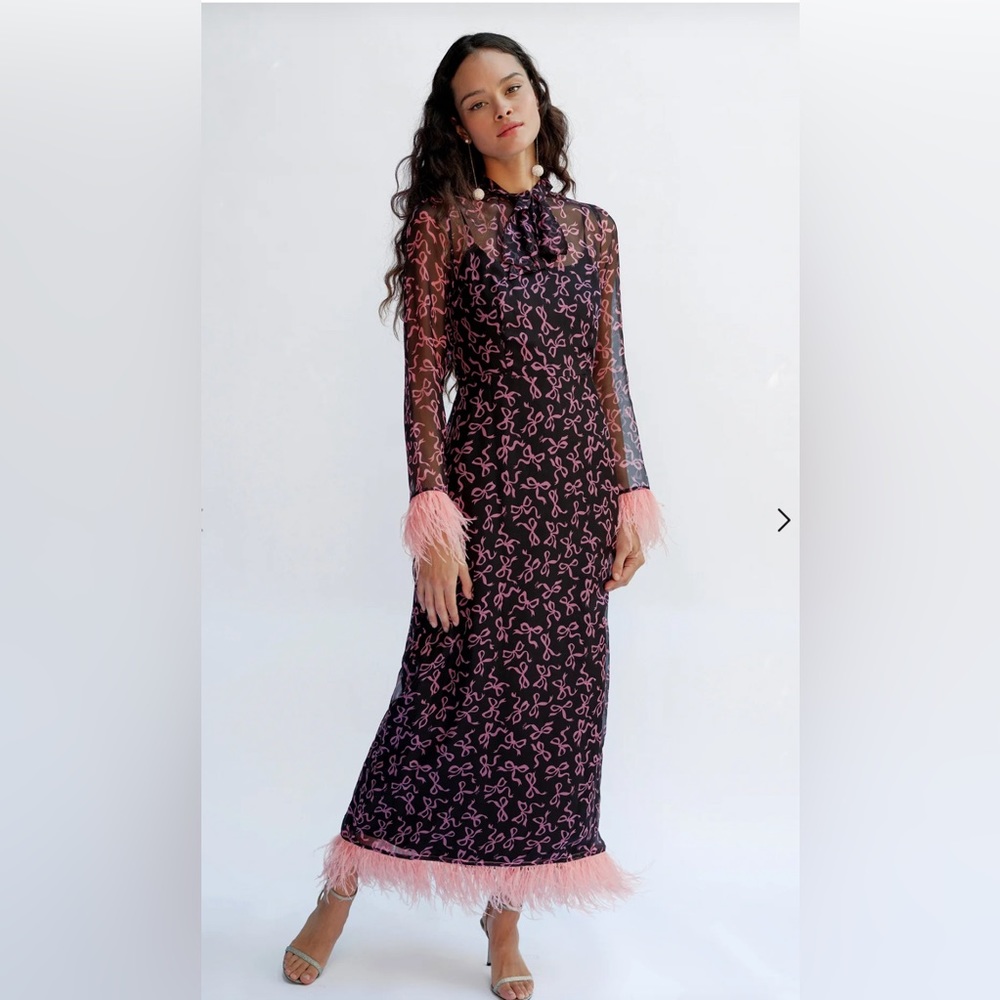 HVN Elisa feather trimmed printed silk chiffon midi dress